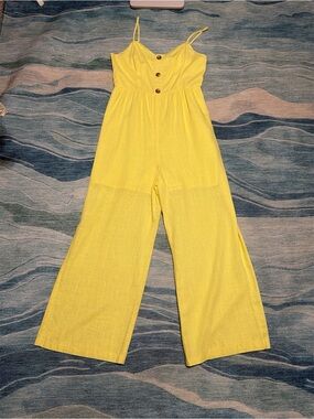 Copper Key Yellow Spaghetti-Strap Wide-Leg Jumpsuit with Button Front